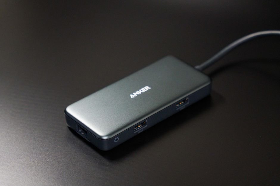USB-C hub and cables on a desk