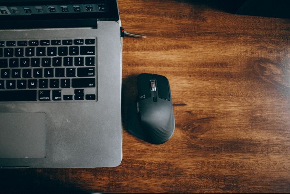 Top view stylish workspace laptop mouse